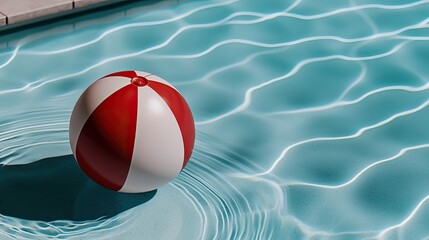 A colorful beach ball floats on the surface of a sparkling blue pool, creating ripples in the water.