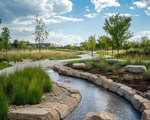 Serene Park Landscape with Winding Stream and Walkway