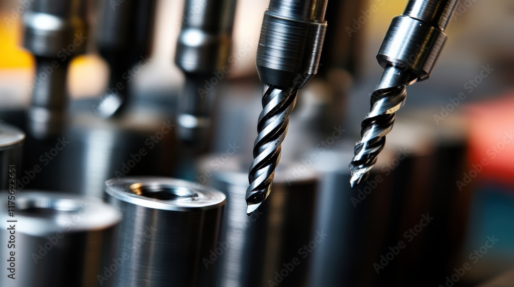 Aufkleber close-up view of high-precision metal drill bits and tools in industrial workshop setting for machin