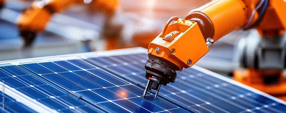 Poster a robotic arm is installing or maintaining solar panels, showcasing automation in renewable energy t