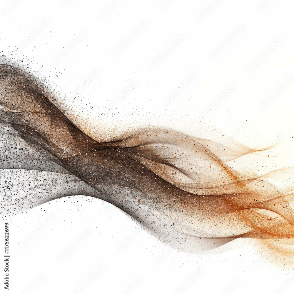 Poster brown and grey particles swirling and flowing on a clean white background, creating an abstract and 