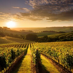 Naklejka premium A picturesque vineyard landscape with rows of grapevines stretching across rolling hills, bathed in golden sunlight, offering a serene and scenic view