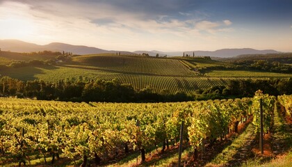 Fototapeta premium A picturesque vineyard landscape with rows of grapevines stretching across rolling hills, bathed in golden sunlight, offering a serene and scenic view