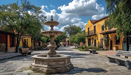 Charming cobblestone street with fountain and colorful colonial houses under a sunny sky