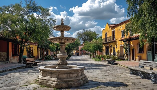 Fototapeta Charming cobblestone street with fountain and colorful colonial houses under a sunny sky