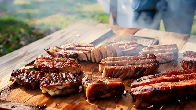 Freshly grilled barbecue on the table. Steam comes from juicy meat