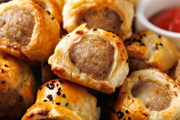 Freshly baked English Sausage rolls with ketchup. Party snack food.