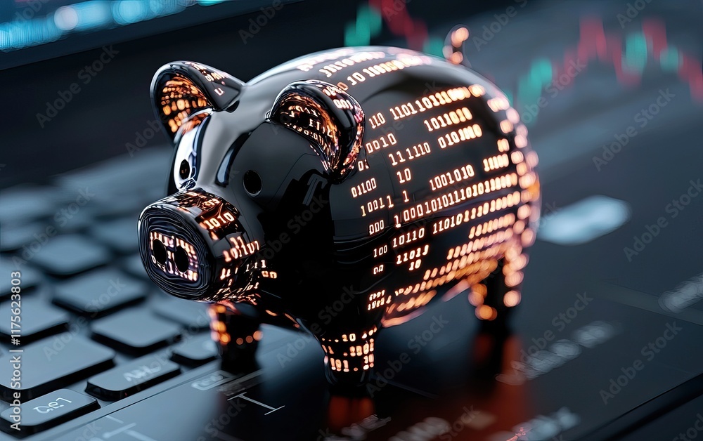 Poster a piggy bank made of digital data sits on a keyboard, symbolizing the intersection of finance and te