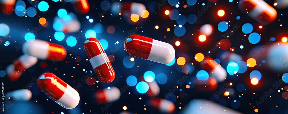 Aufkleber a colorful array of red and white capsules floats against a vibrant, blurred background of glowing o