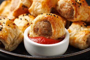 Freshly baked English Sausage rolls with ketchup. Party snack food.