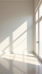 Fototapeta premium Minimalist bright room with large windows, white frames, light wooden floor, and sunlit walls casting long shadows, creating an open, airy, and serene space with a clean, contemporary aesthetic.