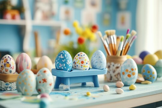Creative easter egg decorating station with colorful painted eggs and art supplies.