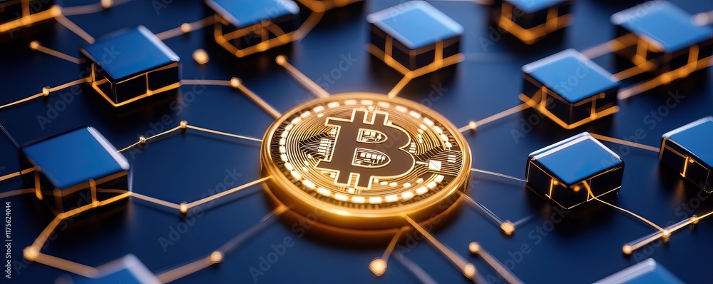 Aufkleber a digital representation of a bitcoin surrounded by interconnected nodes, symbolizing blockchain tec
