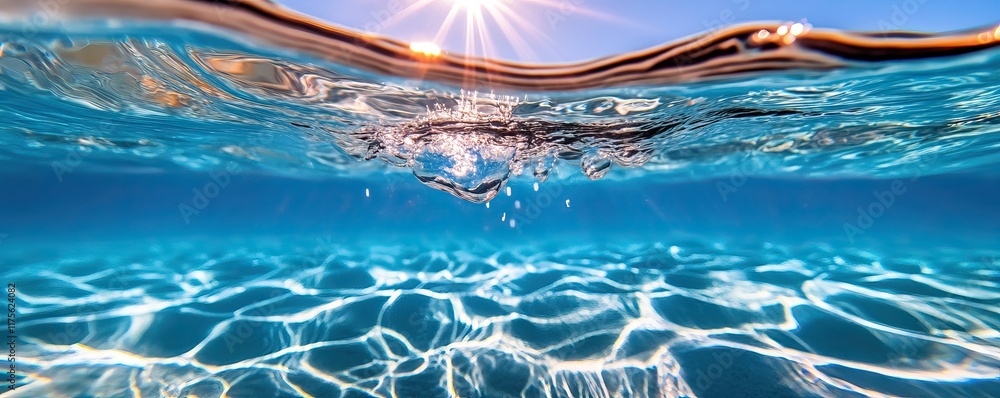 Poster a serene underwater scene showing sunlight filtering through clear blue water, creating mesmerizing 
