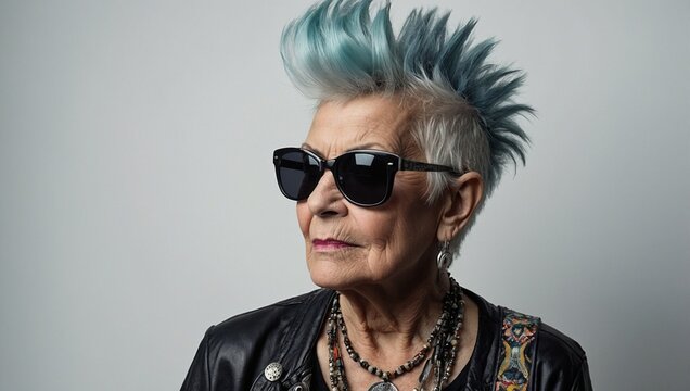 portrait of a rocker grandmother on a white background