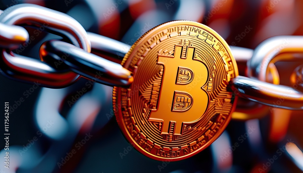 Poster a close-up of a bitcoin coin linked to a chain, symbolizing the integration of cryptocurrency with b