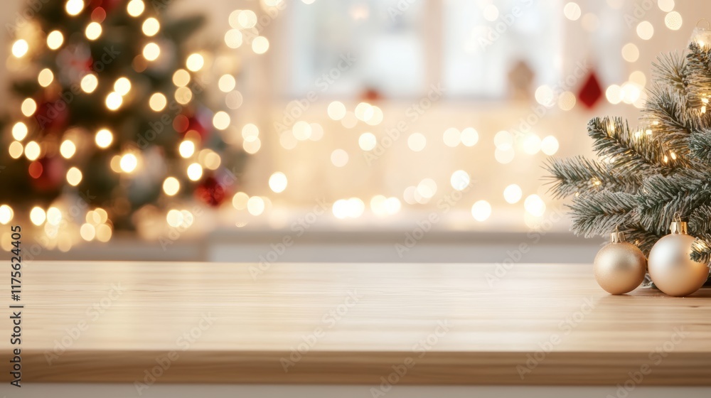 Poster Christmas ornaments and fir tree branch with string lights are lying on a wooden table in a kitchen with christmas tree and blurred lights in the background, creating a warm and festive atmosphere