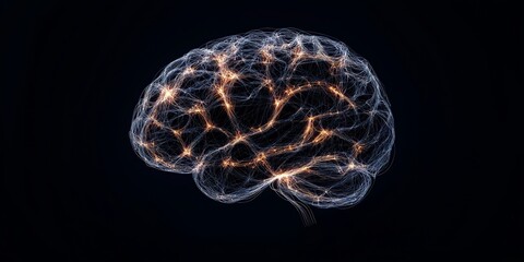 Obraz premium Abstract human brain shape made of tangled glowing threads unraveling into the darkness, symbolic of memory decline and cognitive loss, black background.