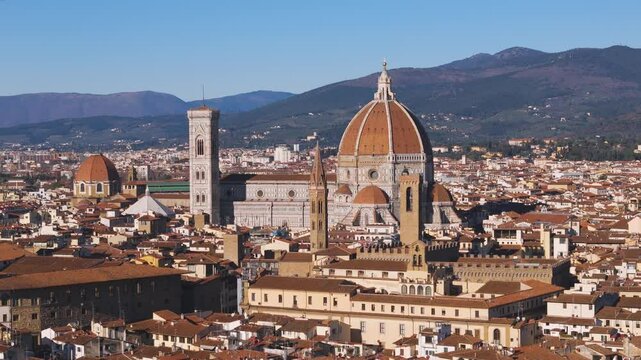 Aerial drone view of the Duomo di Firenze, a cathedral in the city of Florence, Italy.