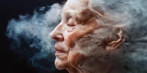Close-up of an elderly woman's face with half of it slowly dissolving into abstract fog, symbolic of fading memory and cognitive decline, dramatic lighting.