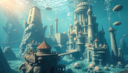 Underwater fantasy city, sunlit, calm,  scenic, digital art, background, stock photo