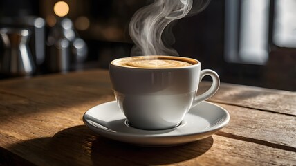 Fototapeta premium cup of coffee with steam on a table with a dark background