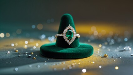 Elegant emerald ring displayed on a luxurious green velvet background