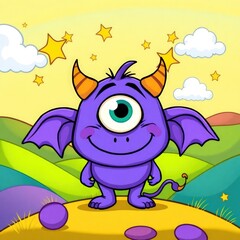 Obraz premium Cheerful Purple Cyclops Monster in a Whimsical Cartoon Landscape with Stars and Vibrant Hills