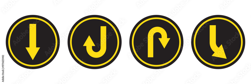 Poster u turn arrow symbol icon set. direction icon set. go straight this way one way only u turn left and 