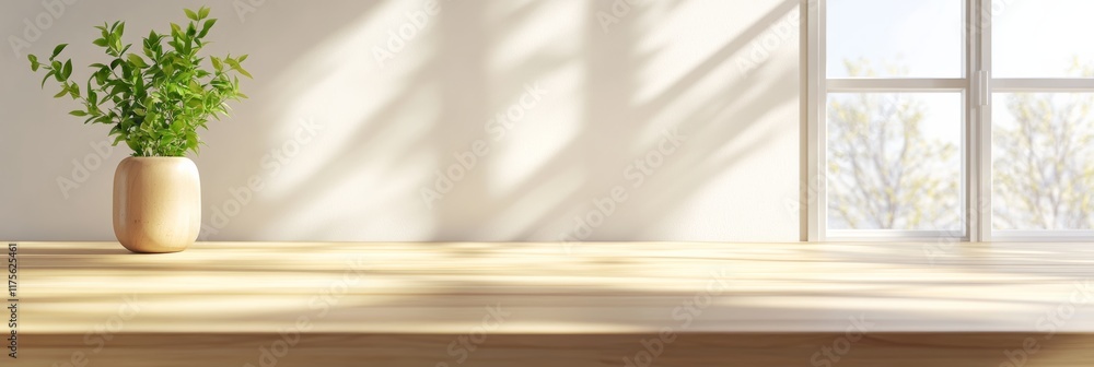 Aufkleber sunlight illuminates an empty wooden kitchen countertop with a small potted plant, creating a bright