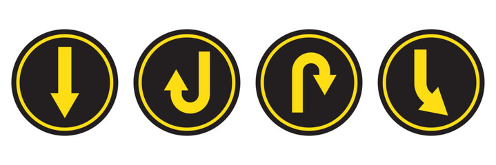 U turn arrow symbol icon set. Direction Icon Set. Go Straight This Way One Way Only U Turn Left and Right Black and White Arrow vector illustration.