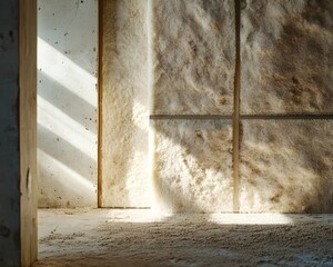 Sunlight illuminates the house's wall insulation, showcasing its texture and fiber structure. New home construction and modern architectural design elements.