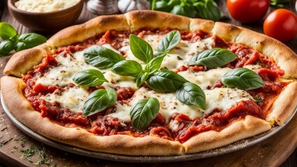 Mouthwatering pizza with stretchy cheese and basil leaves, served on wooden board. Cozy brick oven emits warm glow, creating a delightful scene for food lovers and culinary inspiration.