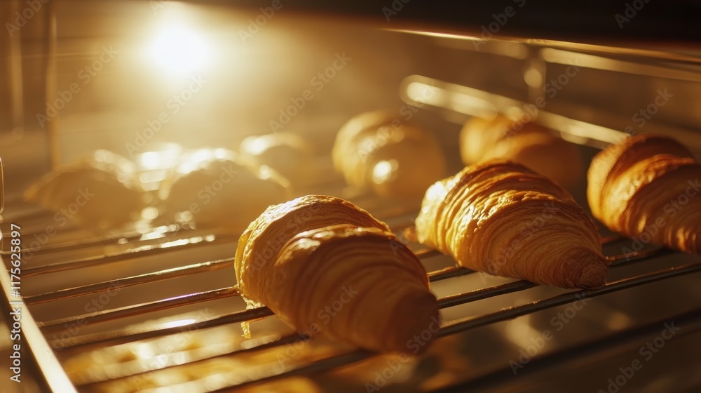 Poster freshly baked golden brown croissants resting on a metal rack inside a brightly lit oven, filling th