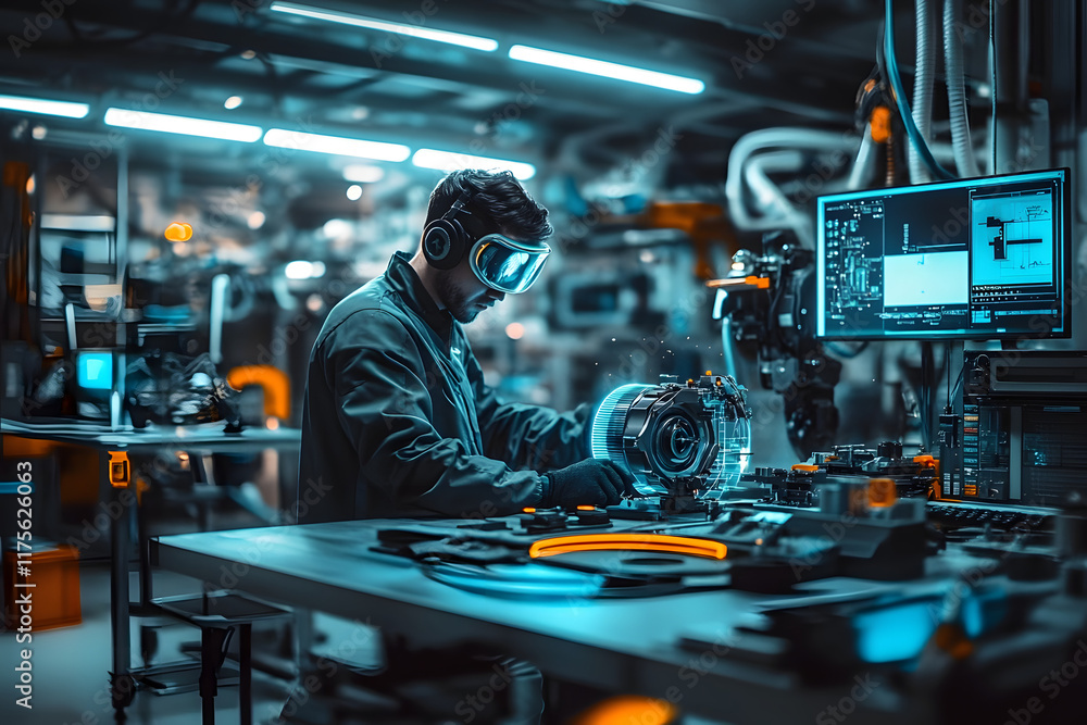 Aufkleber mechanics collaborate in a sleek futuristic workshop with advanced technologies