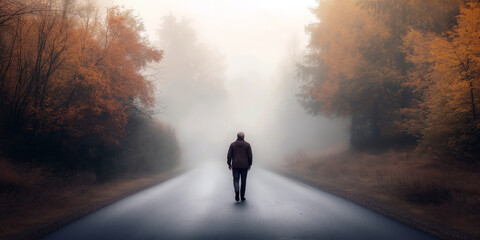 Elderly man walking alone down an endless road that disappears into the fog, symbolizing the journey through memory loss and confusion, autumn setting.