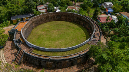 Fototapeta premium Aerial view of Ho Quyen an arena where tigers and elephants fought to the death, gladiator style. It was constructed in 1830 along the south bank of the Perfume river, Hue, Vietnam