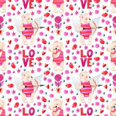 Valentine's day seamless pattern. Watercolor holiday wallpaper illustration with cute cupid bears, hearts and lips on white background. Funny bright texture for wrapping paper, scrapbooking