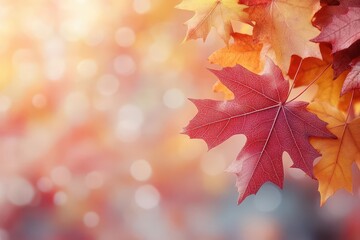 Fototapeta premium seasonal web banner design featuring vibrant red and yellow maple leaves softly blurred with a bokeh background evoking the warmth of autumn