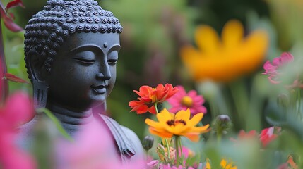 Serene Buddha Statue Amidst Vibrant Blossoms