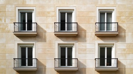 Fototapeta premium Six identical balconies with white framed windows and black railings symmetrically arranged on a light brown stone building facade.