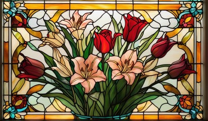 A vibrant stained glass window depicting a stunning arrangement of lilies, roses, and tulips in a