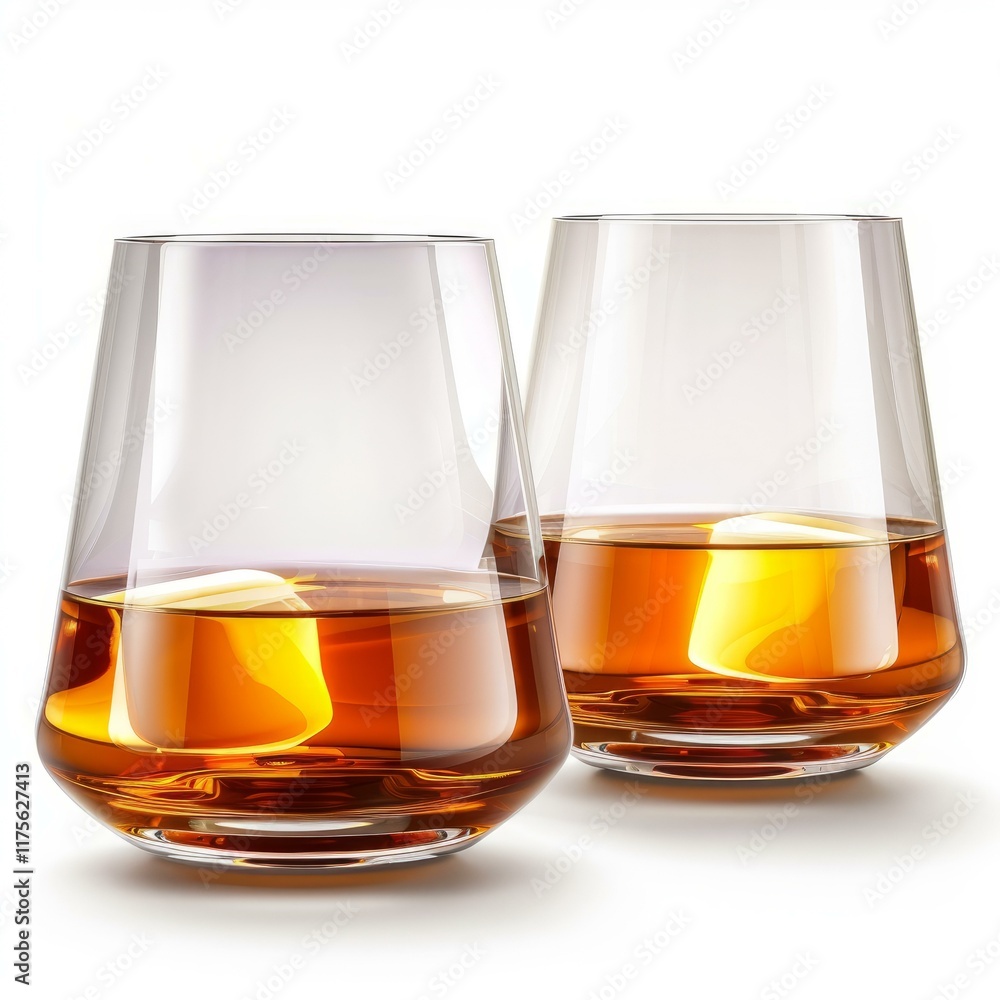 Poster two glasses filled with whiskey and ice cubes are placed on a white background, creating a sophistic