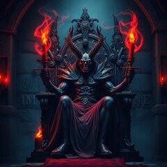 Fototapeta premium Dark Overlord on a Fiery Throne: The Infernal King in a Sinister Chamber Surrounded by Glowing Red Flames 