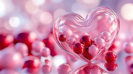 3D heart design with smooth glass spheres in pink and red, and metallic red spheres, with intricate highlights and shadows for a glossy, modern effect