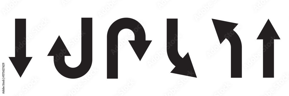 Poster u turn arrow symbol icon set. direction icon set. go straight this way one way only u turn left and 