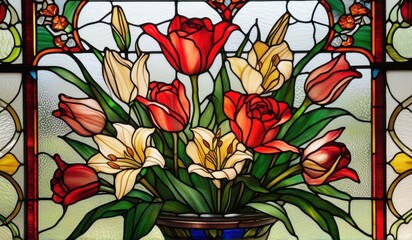 A vibrant stained glass window depicting a stunning arrangement of lilies, roses, and tulips in a