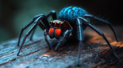 Fototapeta premium Black Widow Spider crawling across a rustic wooden surface