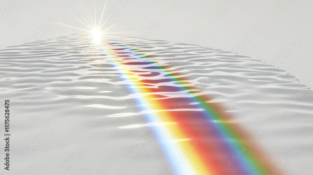 Sticker Rainbow light refracting on rippled water surface.