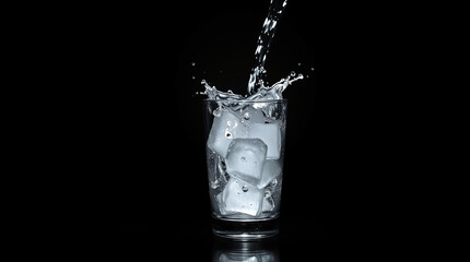 Water pouring into a glass filled with ice cubes, creating a splash.  The scene is set against a stark black background, enhancing the contrast and highlighting the liquid's movement.